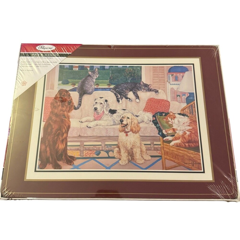 VTG Pimpernel Placemats Dogs Cats 4 Cork-Backed Colorful Holiday ENGLAND NWT